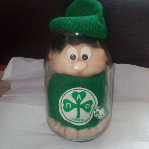 Vintage Panathinaikos doll in glass jar like new