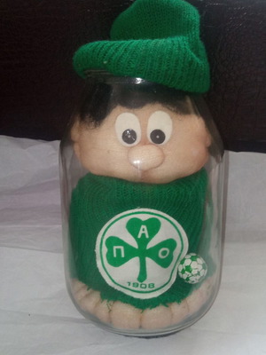 Vintage Panathinaikos doll in glass jar like new