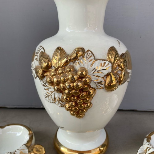 Porcelain vase gilded like new with grape designs and two ashtrays