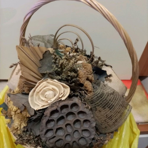 Basket with dried flowers used, height 31 cm