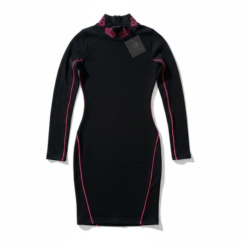 Black Bananas Florida fitted long-sleeve dress, black with pink piping, XS