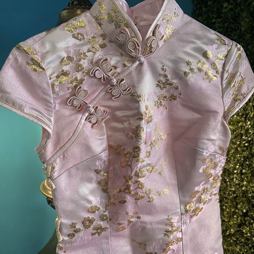 Qipao dress pink satin with gold floral patterns new, size XXXS