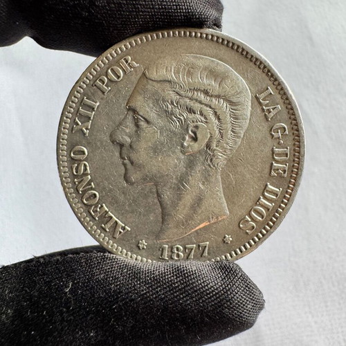 Spain 5 Pesetas 1877 Silver Coin Alfonso XII used