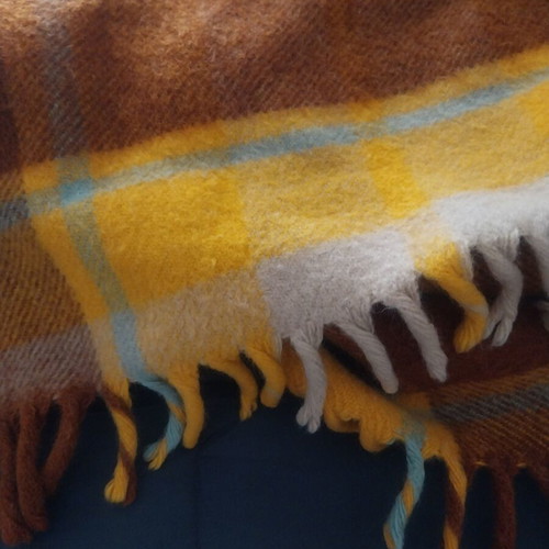 Wool Plaid Blanket used with fringes, brown and mustard colors