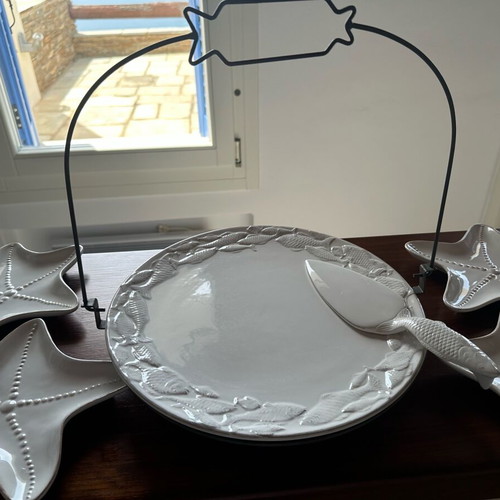 Ceramic serving set new with sea theme, platter and 4 small plates