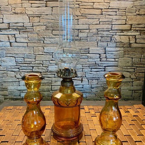 Kerosene lamp and 2 candlesticks set used, French vintage