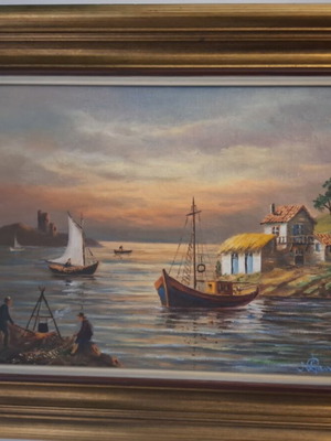 Πίνακας Ν. Φανουράκη σαν καινούργιο, θέμα θάλασσα και ελληνική ύπαιθρος