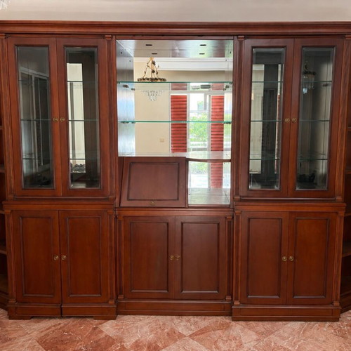 Vintage wooden display cabinet used with glass doors and storage