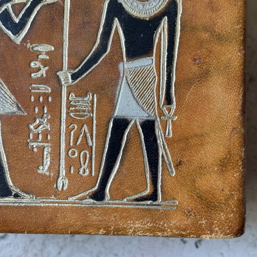Small storage box used, camel leather with Egyptian design