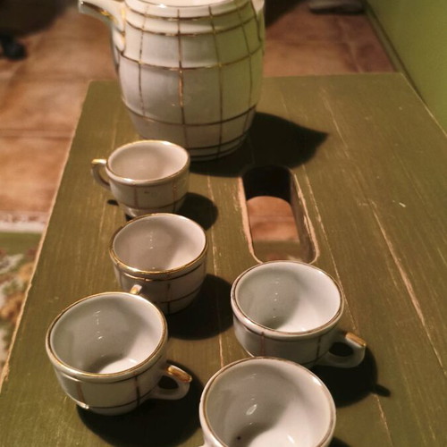 Rafit liqueur raki set used, porcelain with checkered pattern