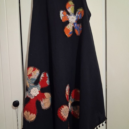 Summer Asymmetric Black Dress 100% Cotton with Patchwork Flowers and Pom-Poms like new