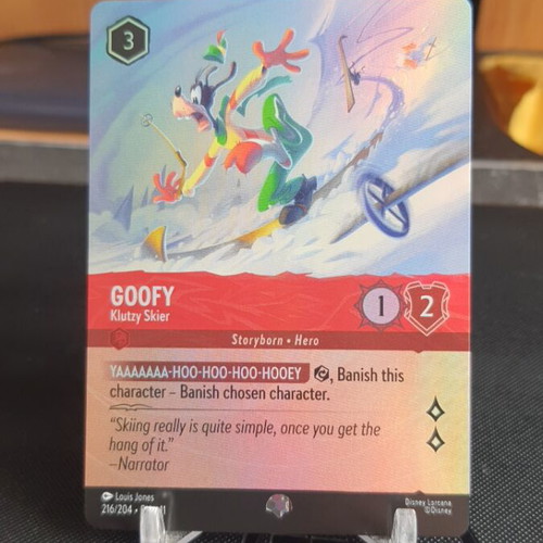 Goofy Klutzy Skier Epic Lorcana card like new, Winterspell Holo
