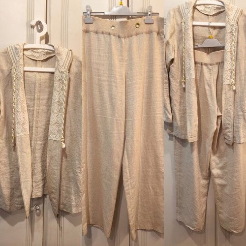 Leonard's linen suit with hood and lace, beige