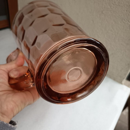 Glass pink jug like new, height 20-22 cm