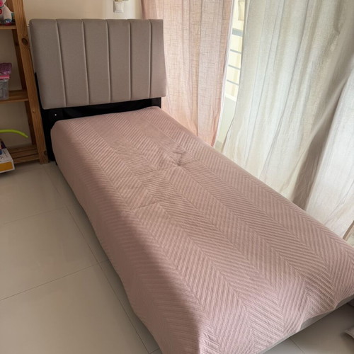 Single bed with fabric upholstery and IKEA mattress like new