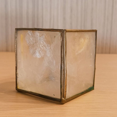 Vintage Boho Capiz Shell and Metal Cube Candle Holder