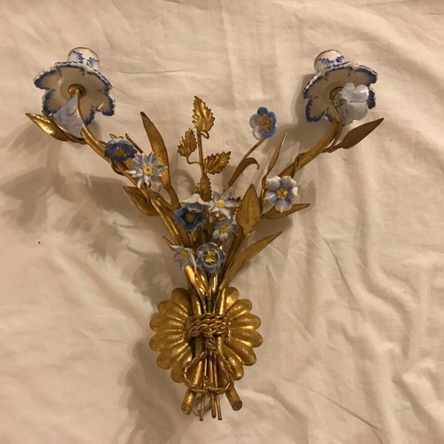 Antique wall lights used, set of 2 with porcelain flowers