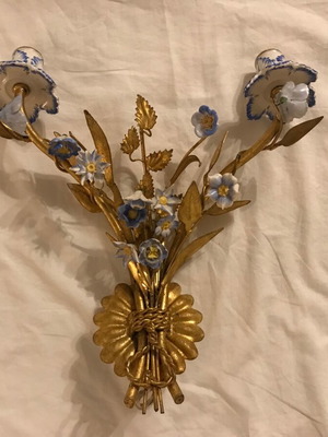 Antique wall lights used, set of 2 with porcelain flowers