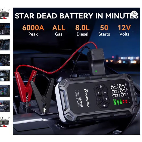 Popdeer PD-JA66 Car Battery Starter with Air Compressor 160PSI, LCD, USB
