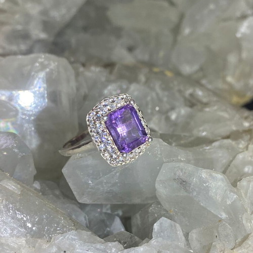 Silver ring with natural amethyst cut stone and moissanite, new