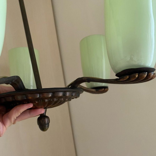 Chandelier used with pistachio opal glass and bronze 5-light