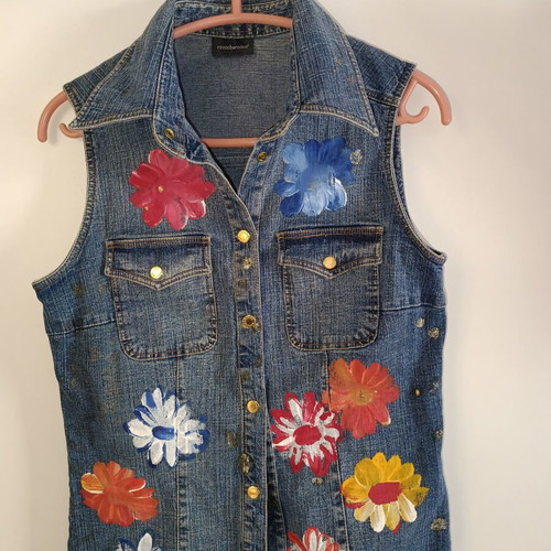 Roccobarocco Denim Vest Hand-Painted Custom Artwork Like New