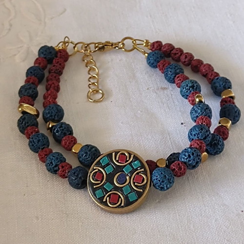 Lava bead necklace and bracelet set with hematite elements, handmade