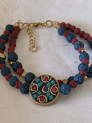 Lava bead necklace and bracelet set with hematite elements, handmade