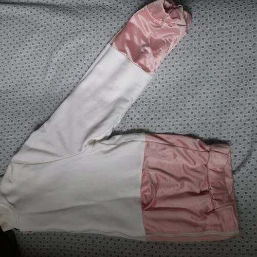 Tag Modest Clothing cardigan M used, white with pink satin details