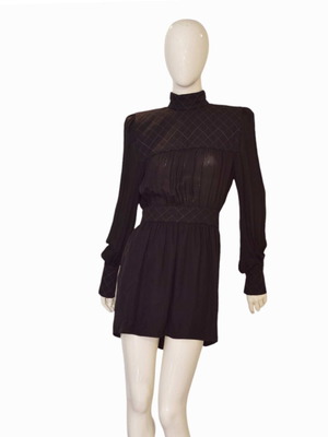 Balmain Black Silk Quilted High Neck Long Sleeve Mini Length Zipper Dress 38