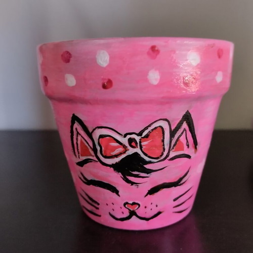 Clay flowerpot with handmade cat painting, new