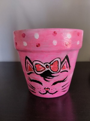 Clay flowerpot with handmade cat painting, new