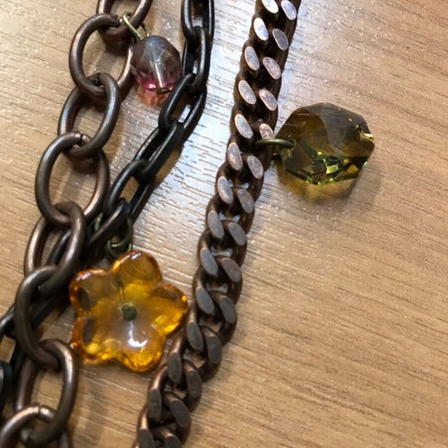 Handmade chain belt with crystals, diameter 1m, used, beige and brown