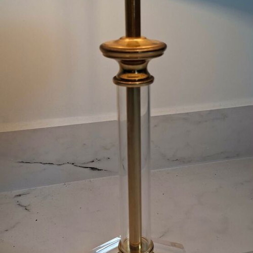 Table lamp used, 1960s plexiglass with fabric shade Hollywood Regency style