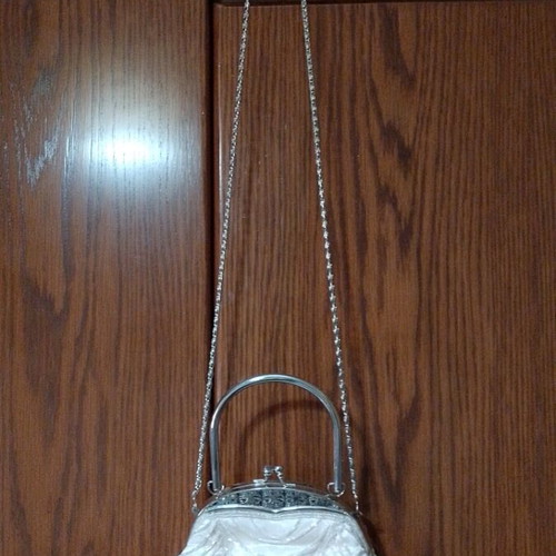 Evening shoulder bag white with beads, like new, silver details