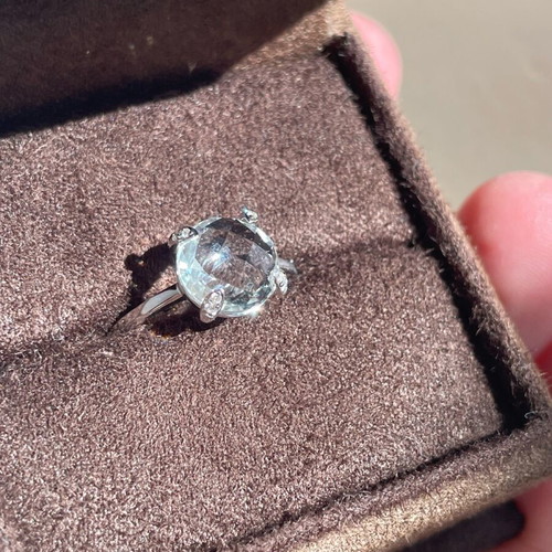 White Gold Solitaire Ring with Green Amethyst and Diamonds, New