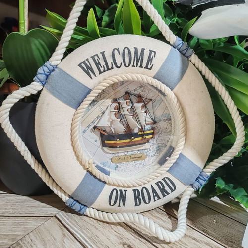 Wooden seagull and HMS Endeavour lifebuoy nautical decor set