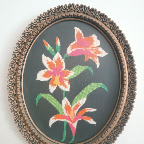 Vintage handmade cross-stitch frame with flowers used, 30×36 cm