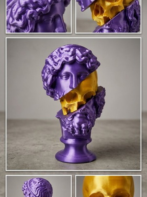3D Printed Bust with Skull in Silk Purple and Gold, New
