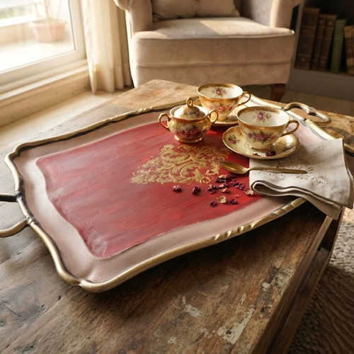 Vintage metal serving tray like new with gold damask motif