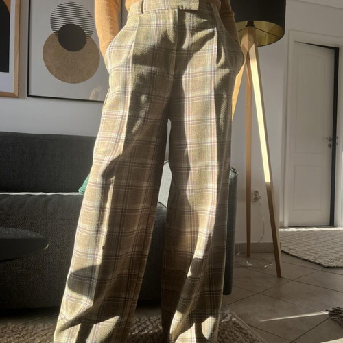 Zara checked pants like new, wide high-waisted, beige brown