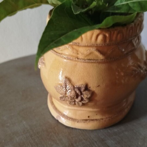 Mid-Century Art Pottery Planter vintage, yellow ware, crackle texture