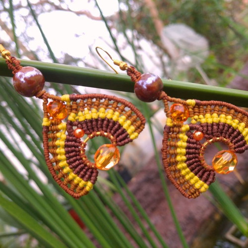 Oleander earrings with macrame art, beads, handmade, new