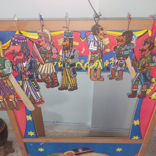 Karagiozis Puppet Theater used with 9 wooden figures and 1 wooden stage