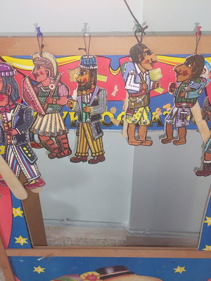 Karagiozis Puppet Theater used with 9 wooden figures and 1 wooden stage