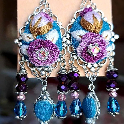 Handmade embroidered vintage earrings petrol-purple