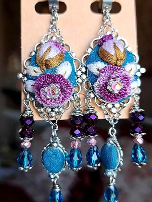 Handmade embroidered vintage earrings petrol-purple
