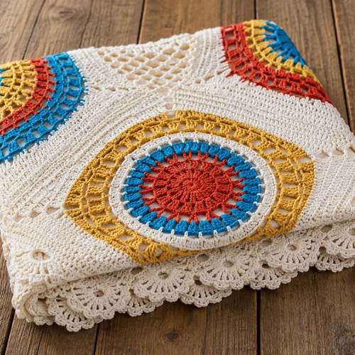 Handmade cotton poncho with colorful boho crochet circles, new