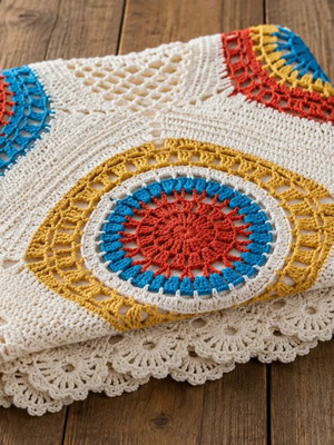 Handmade cotton poncho with colorful boho crochet circles, new