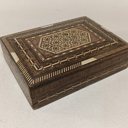 Vintage Handmade Wooden Box with Mother-of-Pearl Mosaic, used